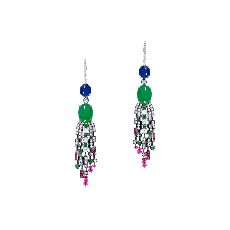 GSA 天然A貨翡翠藍寶鑽石耳環 39.88克拉
Pair Of Jadeite, Multi - Colored
Gemstone and Diamond
Pendant Earrings