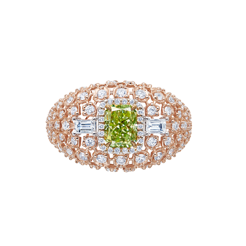 GIA 1.01克拉 濃彩綠鑽鑽戒
Fancy Intense Yellow - Green
Colored Diamond and
Diamond Ring