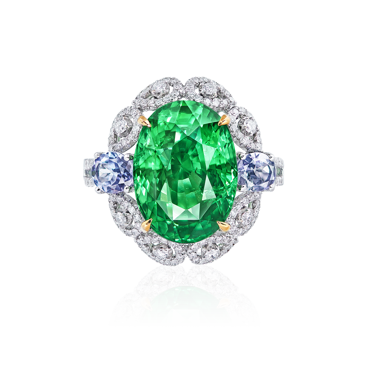 9.04克拉 艷彩沙弗萊鑽戒
Vivid Green Tsavorite Garnet 
and Diamond Ring