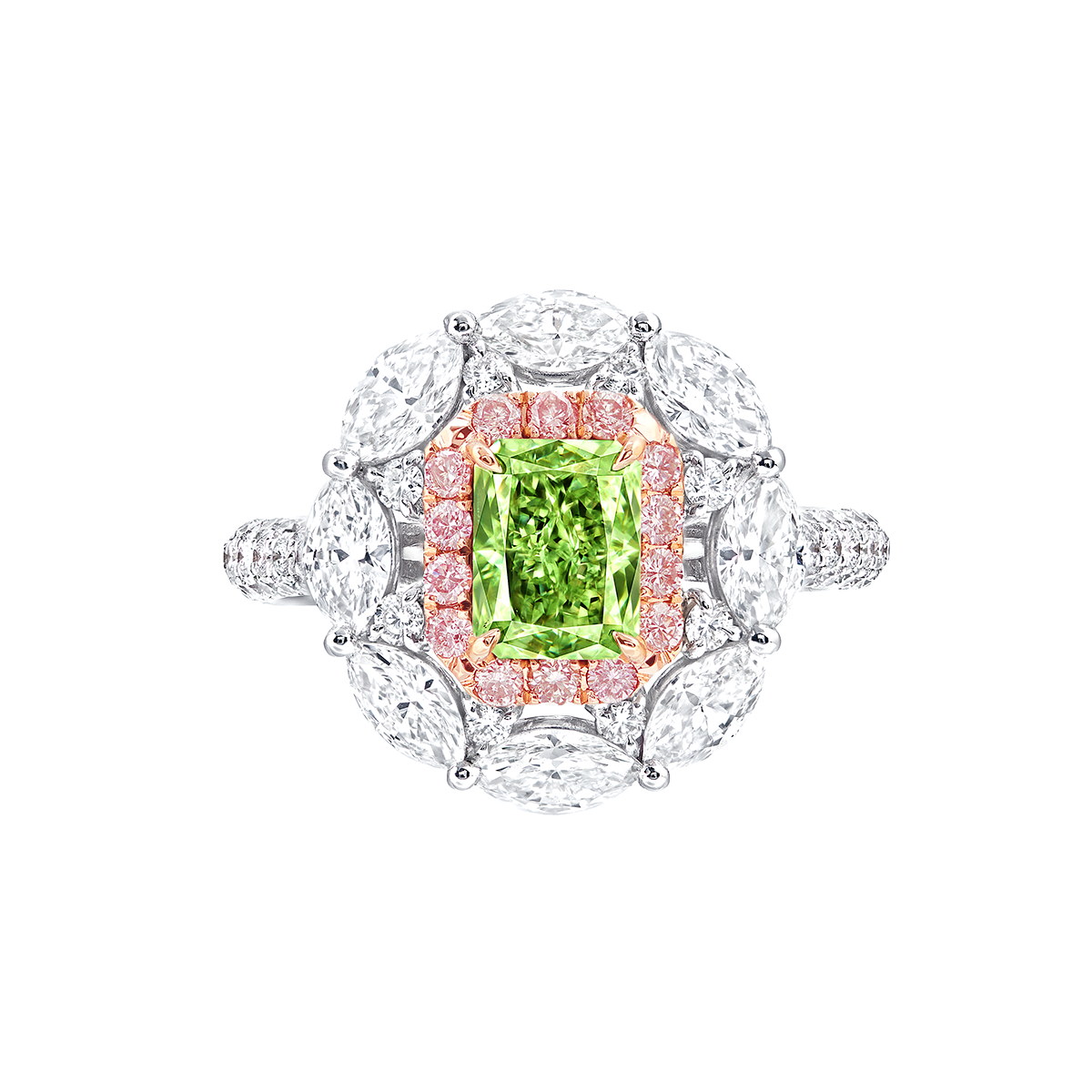 GIA 1.01克拉 濃彩黃綠鑽鑽戒
Fancy Intense Yellowish 
Green Colored Diamond and 
Diamond Ring