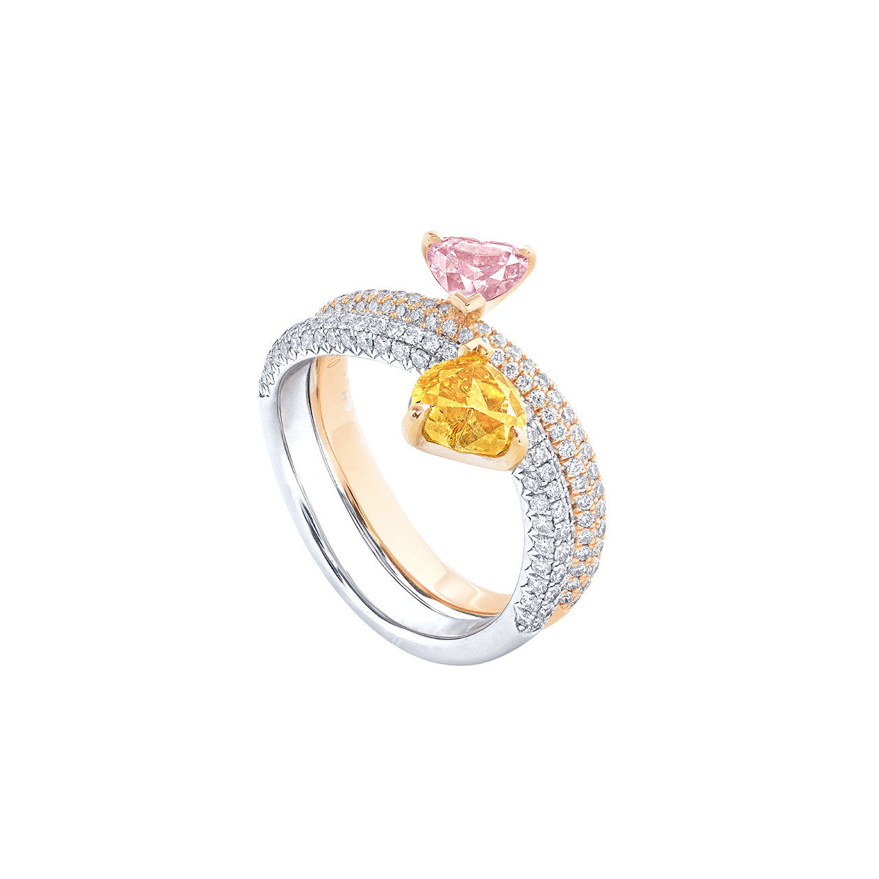 艷彩黃橘鑽與阿蓋爾紫粉鑽鑽戒
Fancy Vivid Yellowish Orange Colored Diamond, 
Purplish Pink Diamond from Argyle Mi